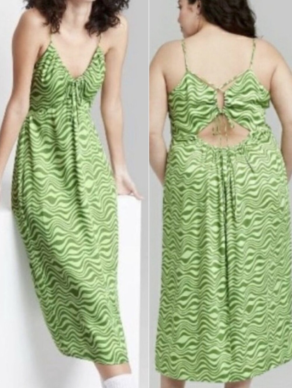 Y2k Wild Fable Green Wave Print Strappy Back Tie Midi Sun Dress Large